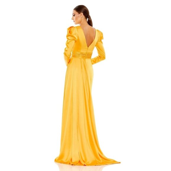 NWT Mac Duggal Faux Wrap Long Sleeve A Line Gown Marigold 10 - Picture 4 of 7